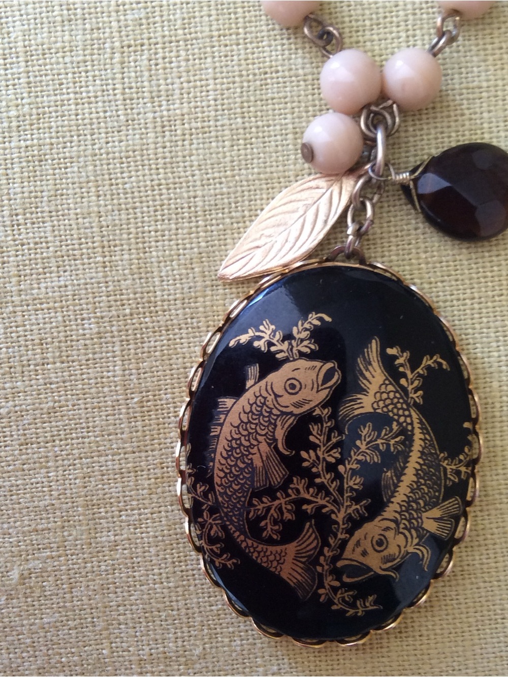 Anthropologie Gold-Tone Necklace with ZodiacPisces Black Pendant and Blush Beads - Picture 2 of 4